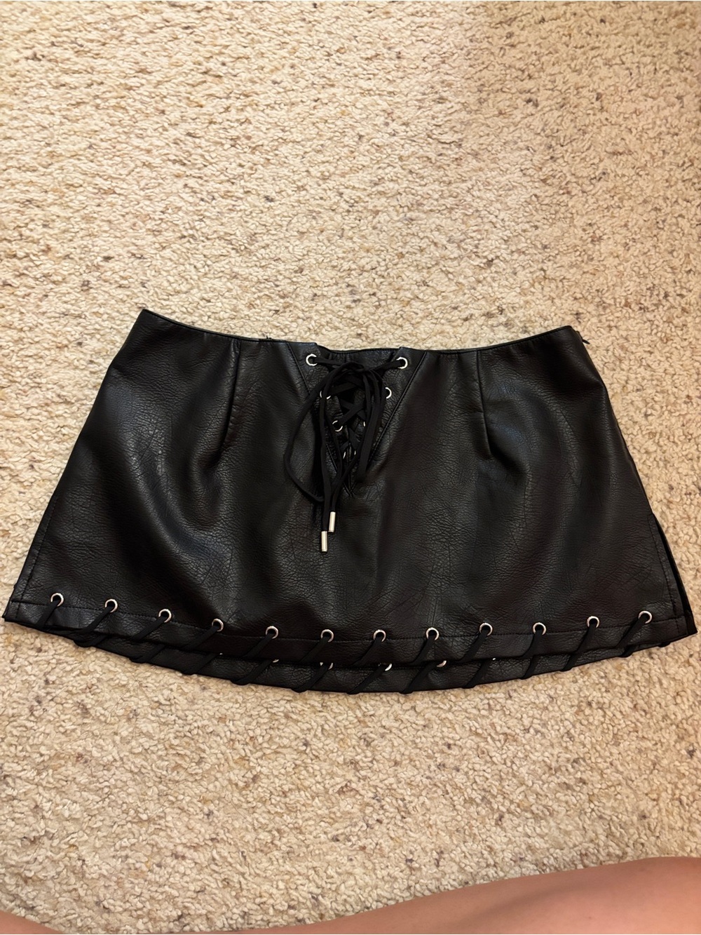 Princess Polly Black Faux Leather Lace-Up Mini Skirt with Eyelet Trim US 6